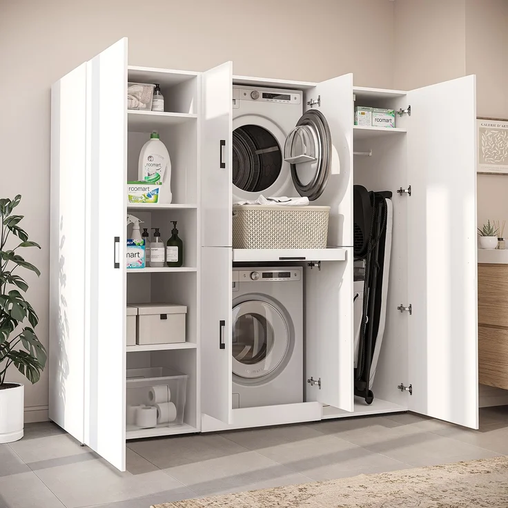 Roomart Waschmaschinenschrank - DORA-I- 190 cm breit - Wasch- & Trocknerschrank mit 2 Hochschränken, Türen & Ausziehbrett, Waschmaschinen-Überbau für Waschküche & Hauswirtschaftsraum • Weiß – Bild 3