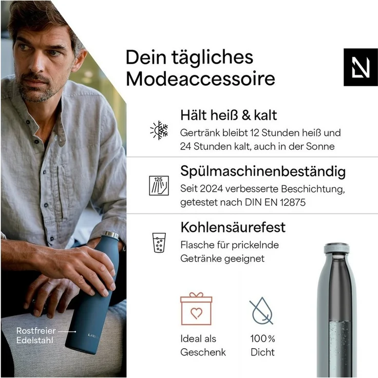 LARS NYSØM Thermoflasche Ren, Isolierflasche mit Vakuum Isolierung: 12h heiß / 24h kühl – Bild 2