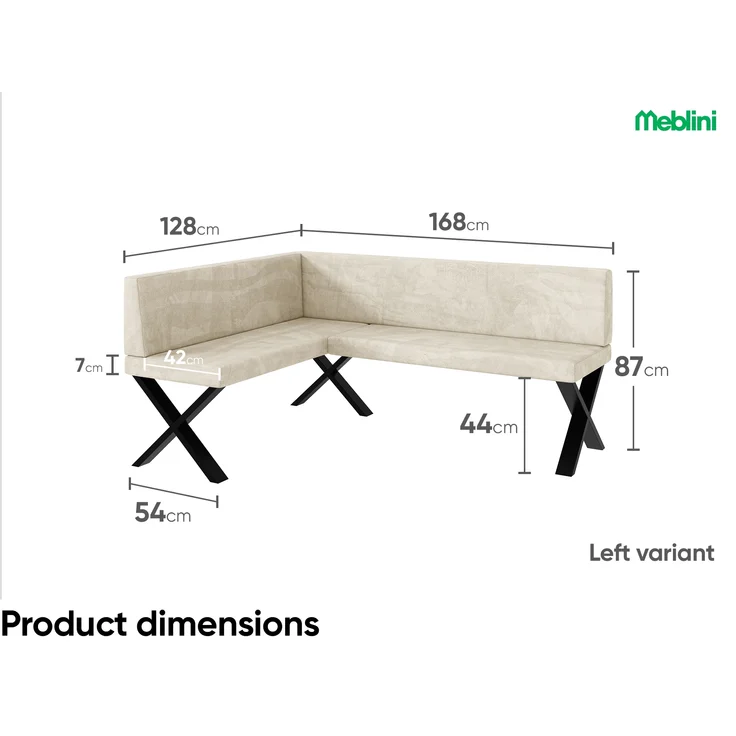 MEBLINI Eckbank für Esszimmer - Küchenbank - Essecke - Sitzecke Küche - TONI - X-Beine 128x168x87cm Links - Creme Samt – Bild 7