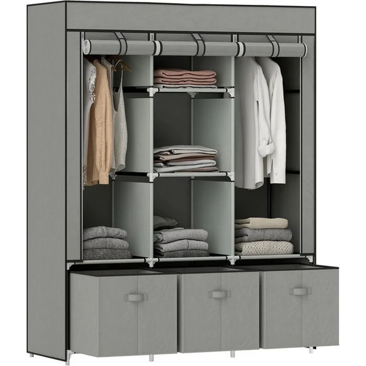 HOMCOM Stoffschrank mit Kleiderstangen, Schubladen, Reißverschluss (faltbarer Kleiderschrank, 1-St, Faltschrank) für Schlafzimmer, Hellgrau, 125 x 43 x 162,5 – Bild 4