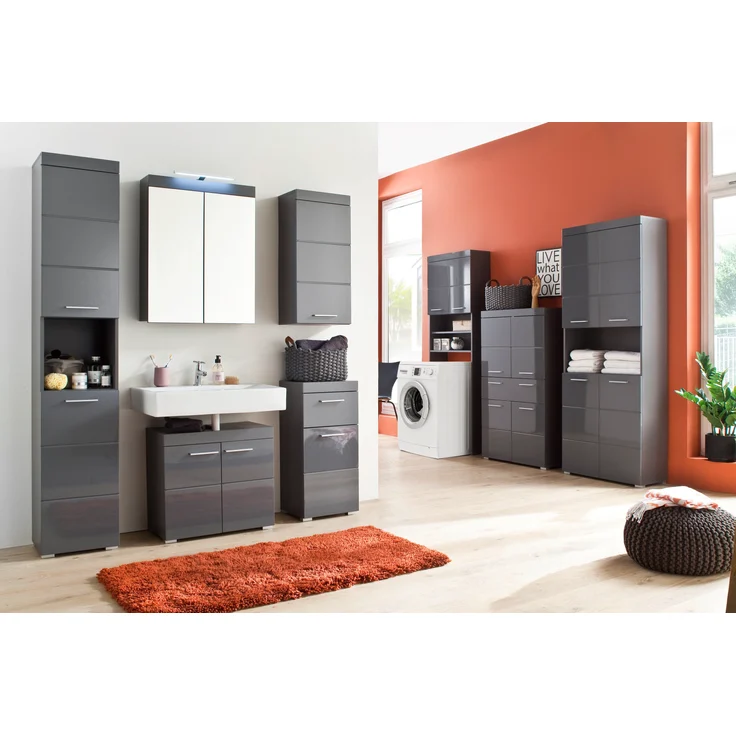 Trendteam 'Amanda' Midischrank, Holz, 132 x 31 x 73 cm, Grau Hochglanz – Bild 9