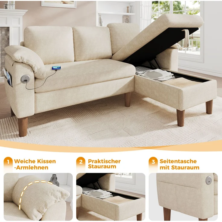 Ecksofa 181x125x88 cm in Beige mit Stauraum-Chaiselongue, USB-Anschluss und Taschenfederkern – Bild 6