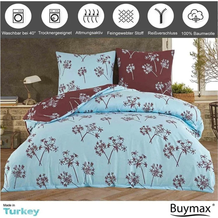 Buymax Bettwäsche Idil, Renforcé: 100% Baumwolle, 2 teilig, 155x220 cm, mit Reißverschluss, Geblümt, Löwenzahn, Türkis Braun