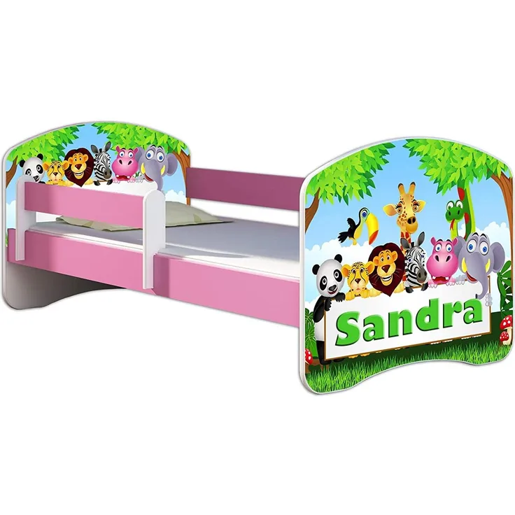 Kinderbett Jugendbett mit einer Schublade und Matratze Rausfallschutz Rosa 70x140 80x160 80x180 ACMA II (01N Zoo name, 80x160 cm)