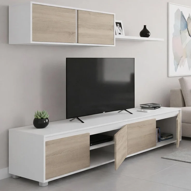 Dmora - Wohnzimmermöbel Savannah, TV-Ständer, Wohnzimmermöbel, Zusammensetzung des Wohnzimmersets, Wohnzimmerset mit Schrankwand, 200 x 41 x 43 cm, Weiß und Eiche – Bild 1