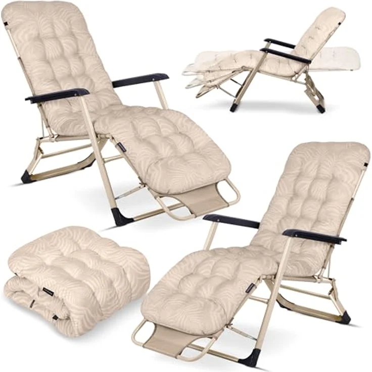 Sofotel Sonnenliege Klappbare Gartenliege Bis 120 kg Liegestuhl mit Kissen und Kopfstütze Beige ChillWell Luxury 2 Stück – Bild 2