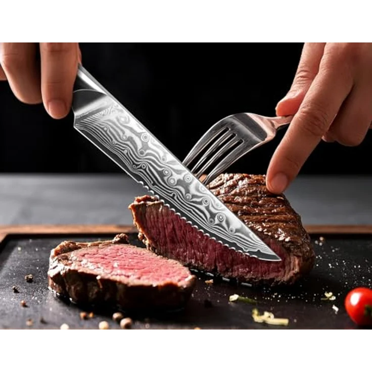 SHAN ZU Steakmesser-Set 7-teilig, 11 cm Damast-Steakmesser mit Block, japanisches Küchenmesser-Set mit Wellenschliff aus Hartstahl mit ergonomischem G10-Griff und Geschenkbox – PRO Series – Bild 8