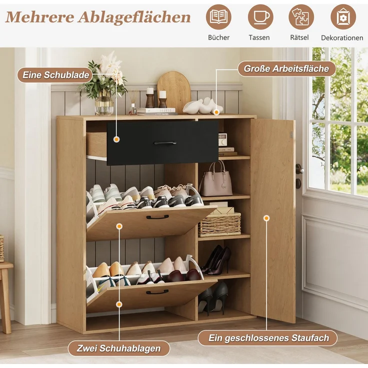 DESVIAE Garderobenschrank Schuhschrank Naturholz/Schwarz aus MDF/Spanplatte – 100x106x35 cm – 2 Schuhklappen – Bild 5
