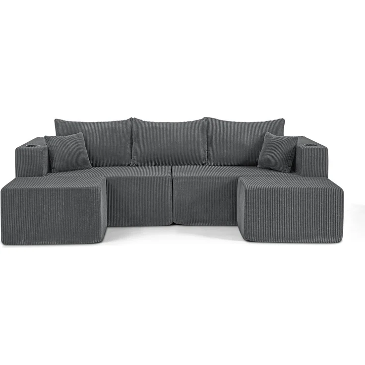 Modulares 3-Sitzer-Ecksofa aus Cordstoff mit Ottomanen & Getränkehaltern, H 75 x T 138 x B 230 cm, Grau – Bild 5