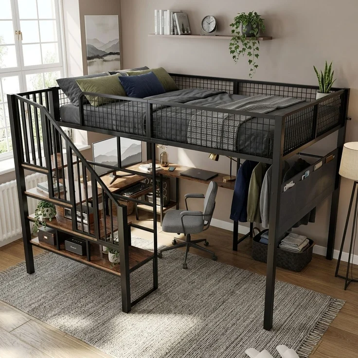 EINHOM Metallbett 140 x 200 cm in Schwarz, Hochbett mit L-förmigem Eckschreibtisch, Treppe, Tastaturauszug, Ladeanschluss und seitlicher Stofftasche (Ohne Matratze) – Bild 5