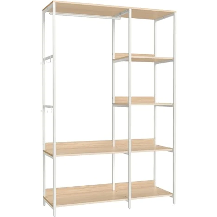 SONGMICS Kleiderschrank offen, Kleiderständer, Garderobenständer, Garderobe mit Kleiderstange, Ablagen, abnehmbare Haken, 40 x 98 x 181 cm, naturbeige-mattweiß RGR024W01 – Bild 1