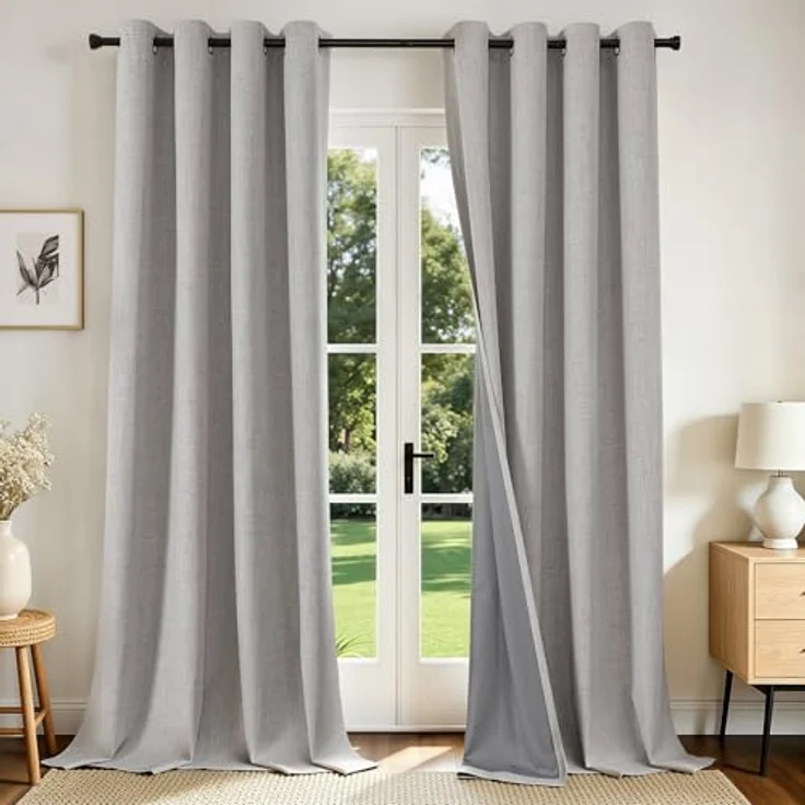 Joydeco Verdunkelungsvorhänge, 100% Leinen, 274 cm lang, 2 Paneele, wärmeisolierter Jutevorhang und Vorhänge, Ösen, Raumverdunkelung, Wohnzimmer (132.1x274.3 cm, grauweiß) – Bild 1