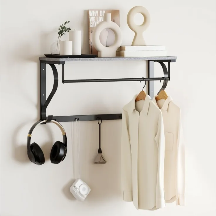 Wandgarderobe mit Ablagefach, 5 Haken und Kleiderstange, 70x25x35,4 cm, Grau