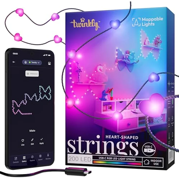 Twinkly Strings USB-C Hearts 200 LED, LED-Lichterkette in Herzform, RGB LED-Lichter Mehrfarbig, Kompatibel mit Alexa und Google Home, Weihnachtsdeko, Stromversorgung USB-C, Grünes Kabel, 12m – Bild 2
