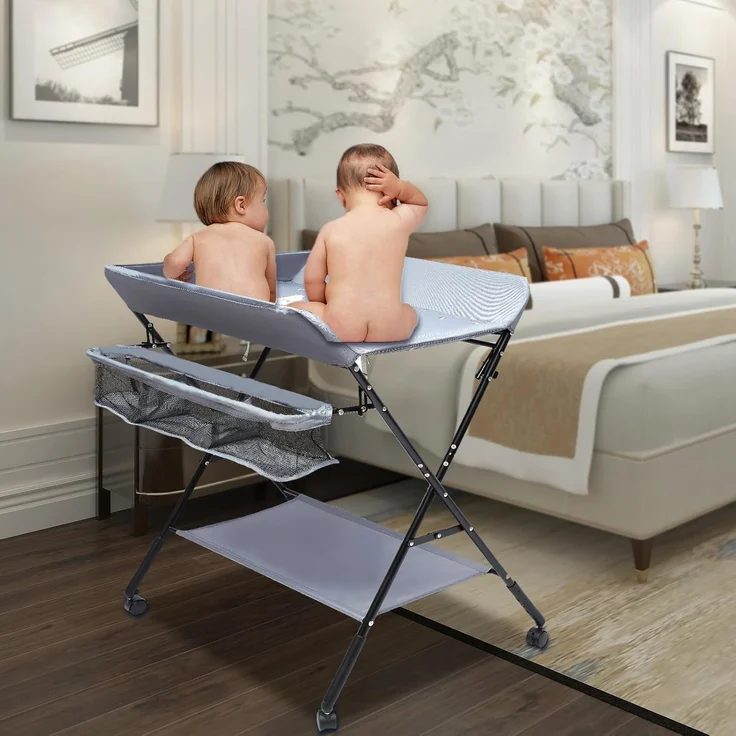 QIERF Klappbarer Wickeltisch Baby Wickelkommode Mobiler Wickelregal Höhenverstellbar, 25kg Tragfähigkeit für 0-12 Monate, Wechseln von Windeln, Wechselkleidung, Lagerung, Grau – Bild 9
