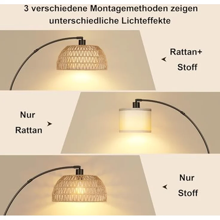 ROTTOGOON Bogen Rattan Stehlampe für Wohnzimmer 3 Farbtemperaturen Dimmbare 9W LED mit Fußschalter Boho Landhausstil Stehleuchte für Schlafzimmer Büro inkl. Birne Schwarz – Bild 6
