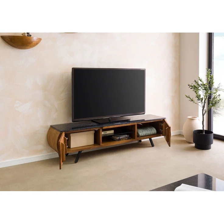 TV-Board Akazie 184x40x45 natur lackiert / Marmor schwarz MONTREAL #121 – Bild 5
