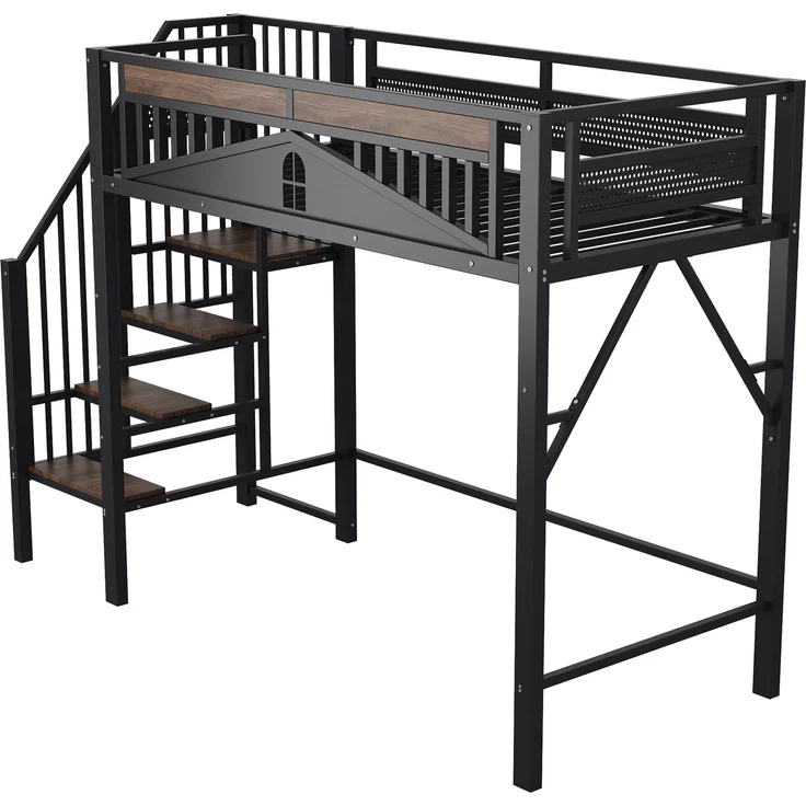 Metall-Hochbett 90x200 cm, Einzigartige Sicherheitsumrandung mit Fenster, Mit Sicherheitsleiter, Genügend Platz unter dem Bett für freien Stoffbezug, Schwarz – Bild 10