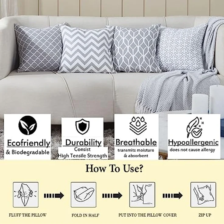 Penguin Home 4Er - Pack Dekorative Quadratische Kissen Aus Baumwolle, Luxuriöse, Stilvolle Für Wohnzimmer, Sofa, Schlafzimmer, Mit Unsichtbarem Reißverschluss, 45X45 cm (18" Inches), Grau – Bild 6
