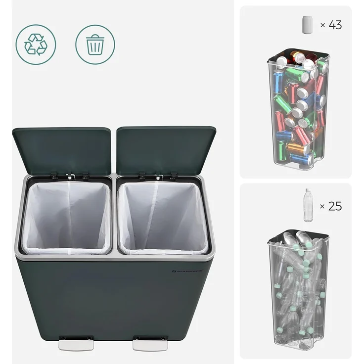 Songmics Mülleimer mit 2 Fächern und Softclose, luftdicht inkl. Müllbeutel, Metall, 60 (2x30) Liter, Rauchgrau – Bild 6