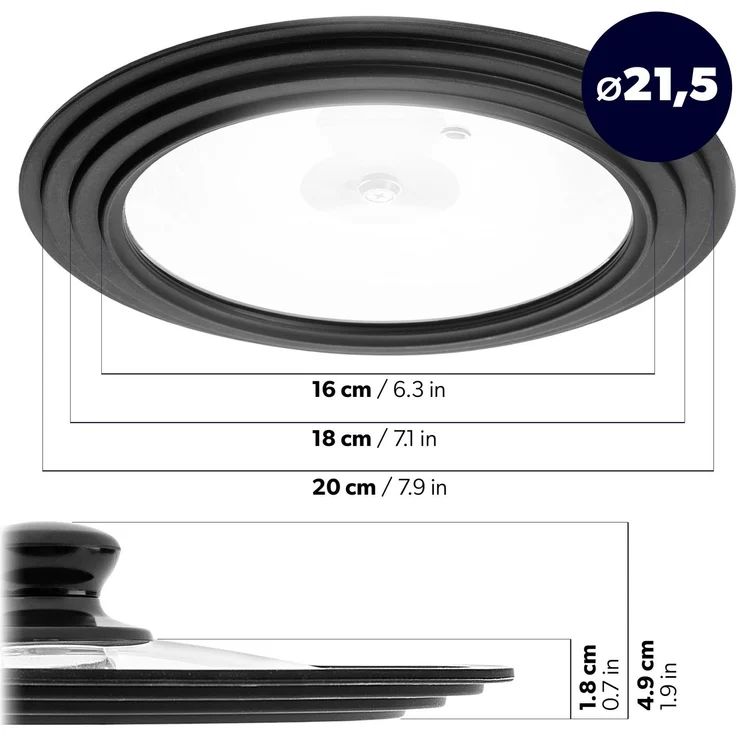 KADAX Universaldeckel 16/18/20 cm, Universal Deckel für Töpfe & Pfannen, Pfannendeckel, Glasdeckel mit Silikonrand und Dampfloch, Topfdeckel (Glanzschwarz) – Bild 2