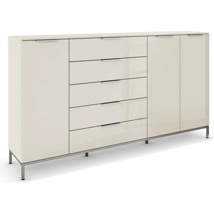 Rauch Möbel Flipp, Nachttisch für Schlafzimmer, Kinderzimmer, Wohnzimmer, Flur, Garderobe, 3-türig, 5 Schubladen, mit Softclose-Funktion, Griffe und Metallkufe Chrom, Farbe Glas Beige, Breite 199 cm – Bild 1