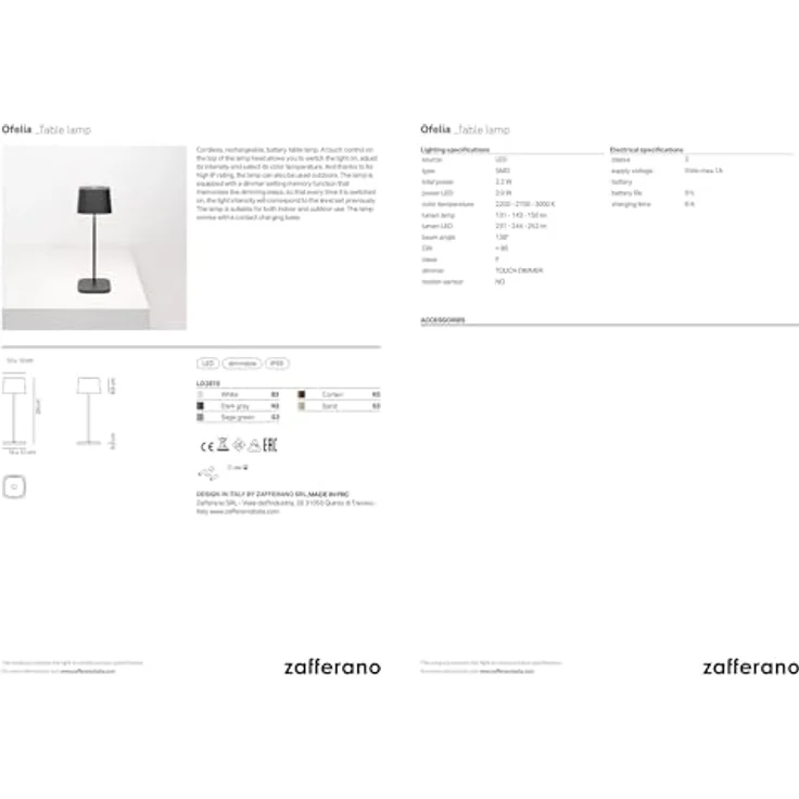 Zafferano, Ofelia Lampe, Kabellose, Wiederaufladbare Tischlampe mit Touch Control, Auch für den Außenbereich Geeignet, Dimmer, 2200-3000 K, Höhe 29 cm, Farbe Dunkelgrau – Bild 7