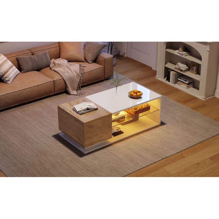 HAUSS SPOLE Couchtisch Hochglanz Couchtisch mit LED-Lichtleiste, Kaffeetisch mit Stauraum – Bild 3