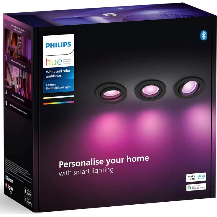 Philips Hue White & Color Ambiance Centura runde Einbauspots 3-er Pack, dimmbare Deckenlampen für das Hue Lichtsystem mit 16 Mio. Farben, smarte Lichtsteuerung über Sprache und App, schwarz – Bild 3
