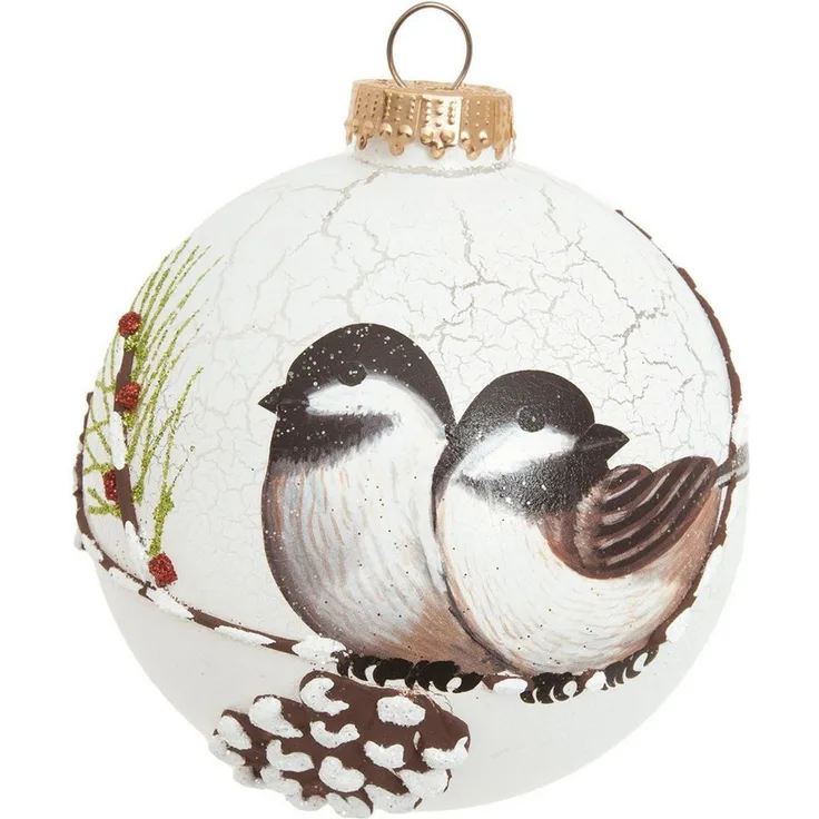 Krebs Glas Lauscha Weihnachtsbaumkugel Weihnachtskugel Kugel mit Vogelpaar weiß 10cm, Dekoriert mit Liebe zum Detail