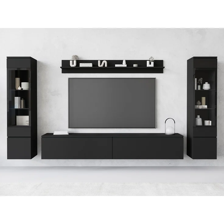 Wohnwand Doppo II, Wandregal, TV-Lowboard, 2x Hängevitrine, LED Beleuchtung (Farbe: Schwarzer Graphit) – Bild 4