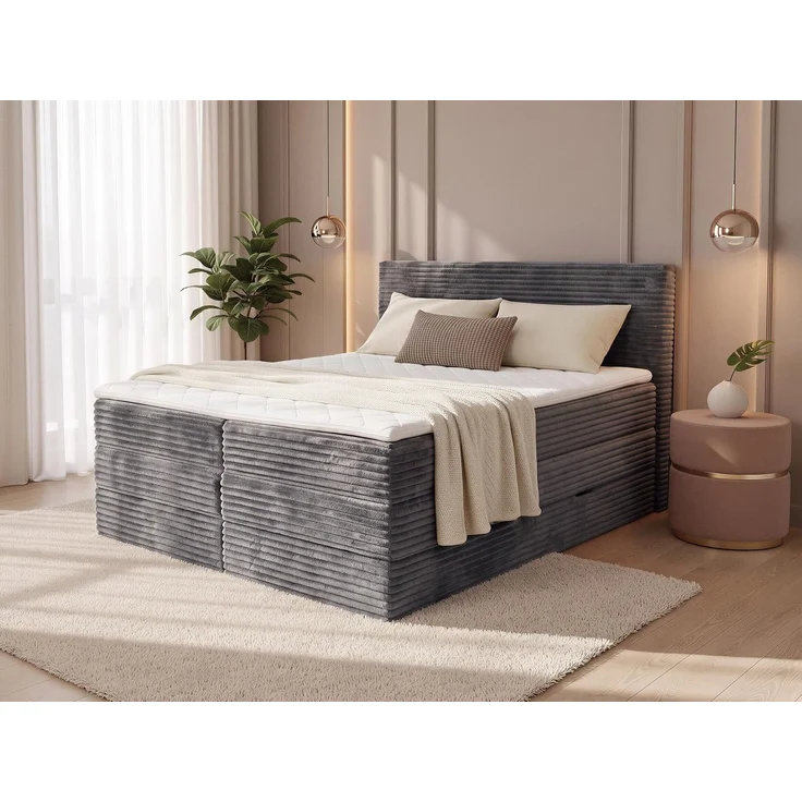 Boxspringbett Mollo XL mit 2 Bettkästen und Topper, mit Taschenfederkern- und Bonellfederkernmatratze, Doppelbett, Polsterbett aus Cordstoff mit Stauraum (Graphit (Tilia 90), 140 x 200 cm) – Bild 2