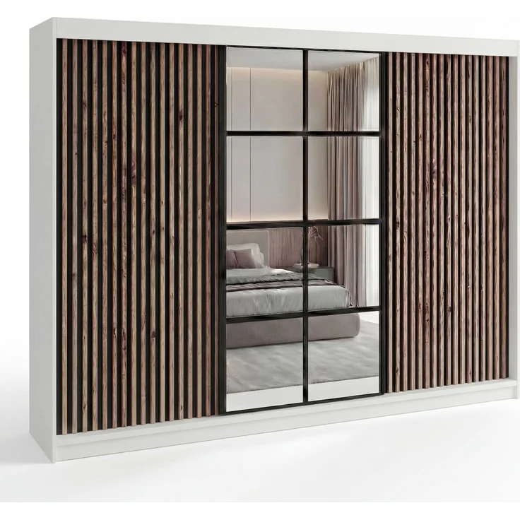 A&J MöbelLand 'NORIVO' Schwebetürenschrank, 200 cm, mit Spiegel und 3D-Lamellen, Weiß, Lamellen: Schwarz, Premium – Bild 2