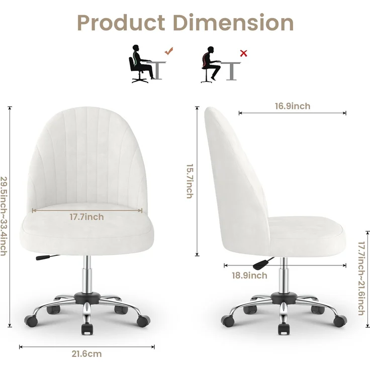 Botifly Bürostuhl ohne Armlehnen, Samt, Weiß, 8 cm Polsterung, 360° Drehbar – Bild 10