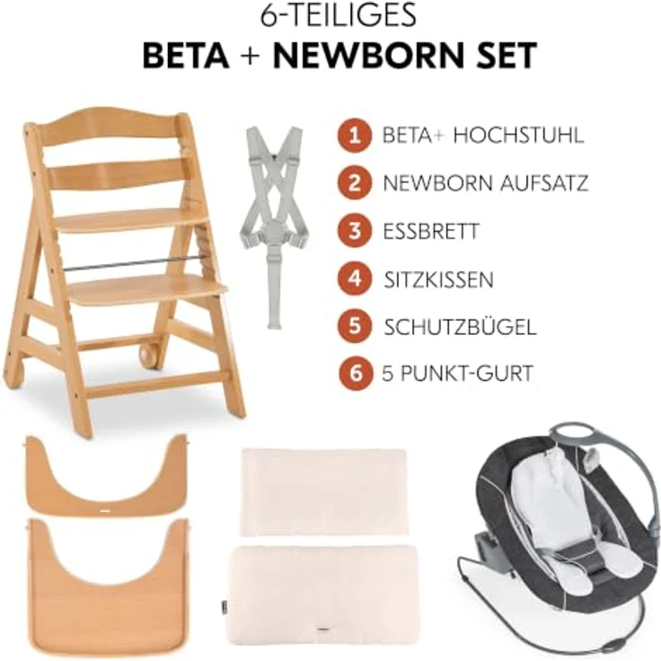 hauck Beta+ Hochstuhl Newborn Set mit Deluxe Bouncer - Natural | Mitwachsender Holz Kinderhochstuhl mit Rollen ab Geburt bis 90 kg | inkl. Neugeborenenaufsatz, Essbrett & Sitzkissen – Bild 2