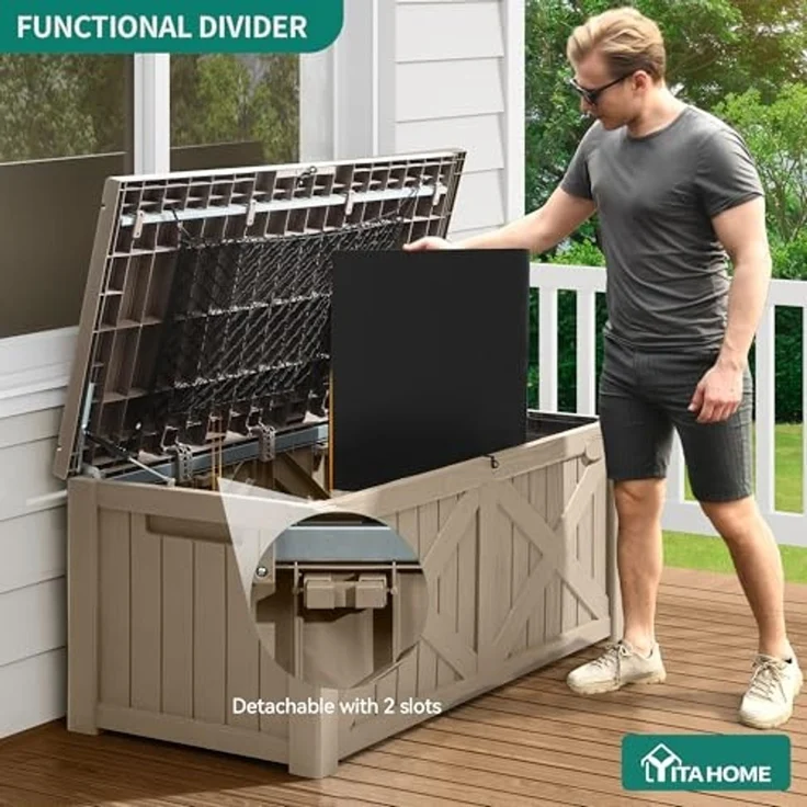YITAHOME Große Aufbewahrungsbank 450 Liter mit X-Front, Wetterfeste Outdoor-Sitzbank, Resin Gartenbox für Terrassenkissen, Poolzubehör, Gartengeräte - Abschließbar, Hellbraun – Bild 5