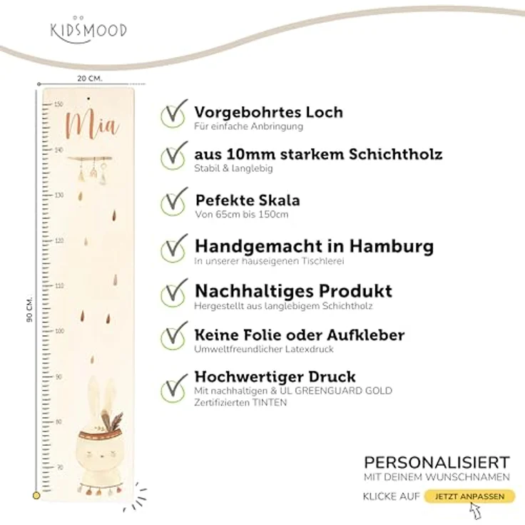 KIDSMOOD - Messlatte für Kinderzimmer Personalisiert, 70-140 cm - Messlatte Kinder Holz personalisiert Mit Namen für Baby- & Kleinkinderzimmer - Individuelles Geschenk für Kinder und Babys zum Geburt – Bild 9