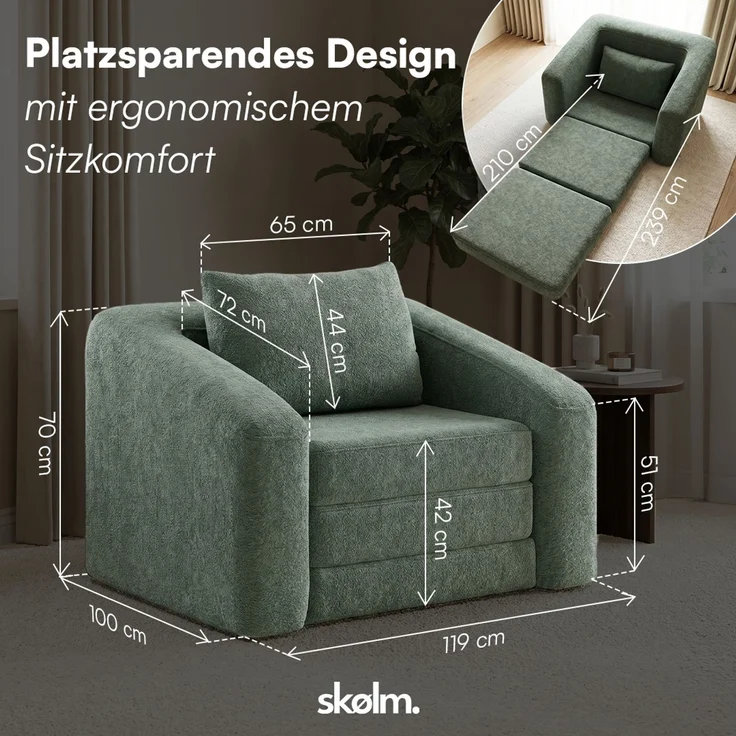 skølm 'Fjäll' Schlafsessel mit 1 Kissen, dunkelgrün, Teddy-Bouclé Sessel ausklappbar, mit Liegefunktion, vakuumverpackt ohne Aufbau – Bild 8