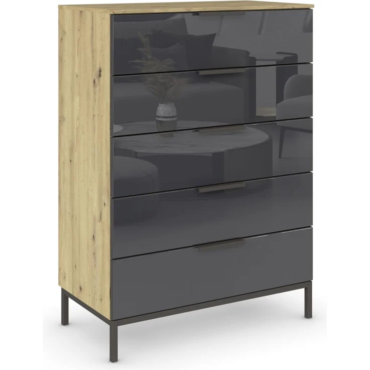 Rauch Möbel Flipp, Nachttisch für Schlafzimmer, Flur, Garderobe, 5 Schubladen, mit Softclose Funktion, Griffe und Metallkufe Graphit, Farbe Eiche Artisan, Holz/Glas Basalt, Schwarz, Breite 80 cm