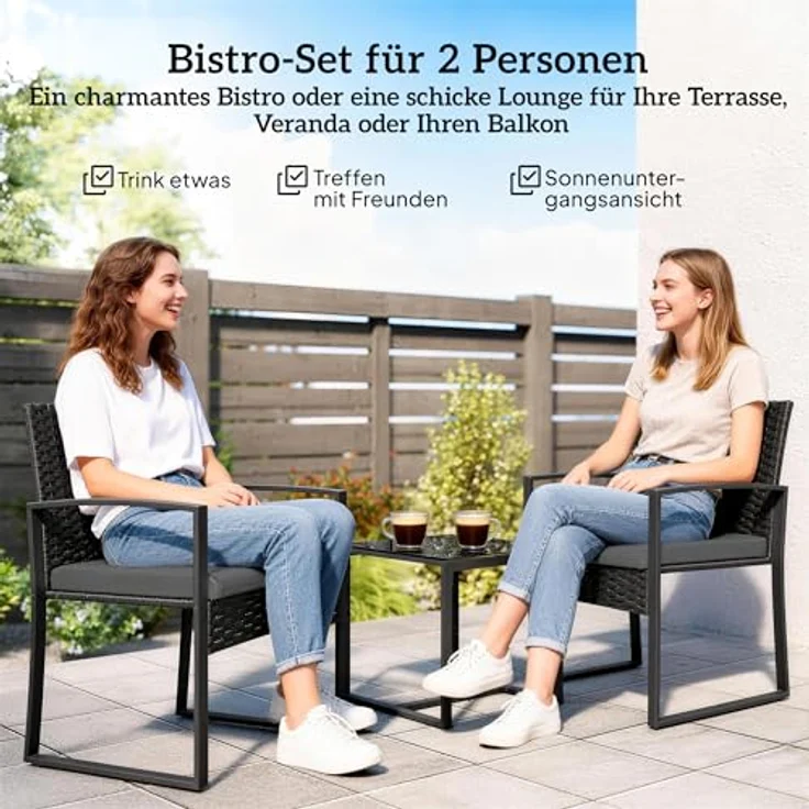 Outsunny Sitzgruppe mit 2 Gartenstühlen, Couchtisch, abnehmbar Kissen, (Gartenmöbel-Set, 3-tlg, Bistroset), für Garten, Terrasse, Dunkelgrau – Bild 3