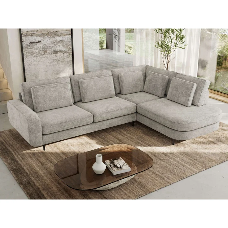 CALENO L-Form Ecksofa 317x225 cm, Massivholz-Rahmen & Wellenfedern, Sitzhöhe 51 cm, modernes Polstersofa rückenecht bezogen & freistehend - Hellgrau Schenille grob gewebt - Rechts Seite – Bild 4