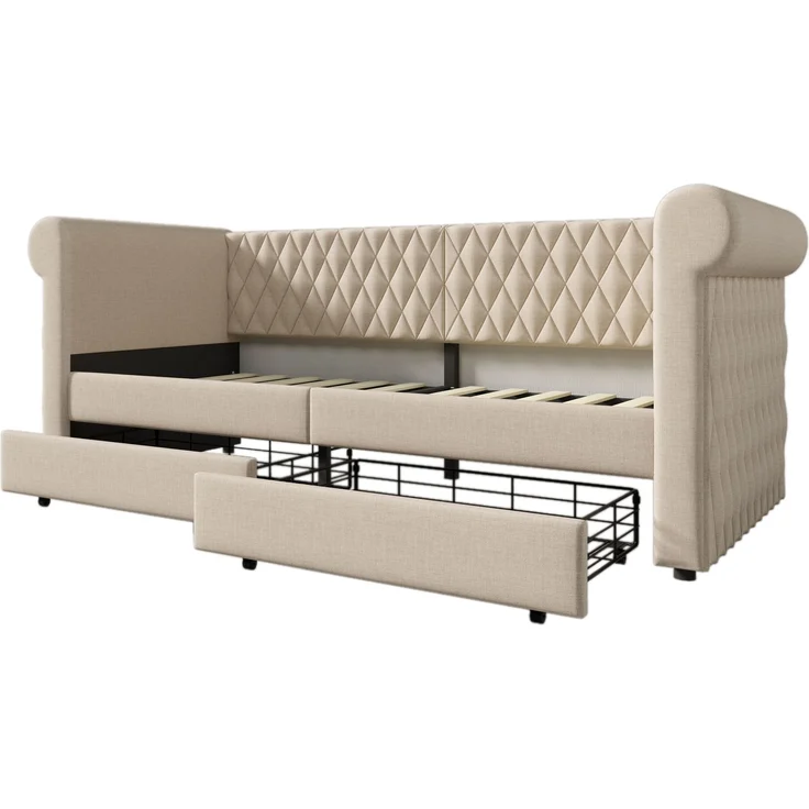 Schlafsofa aus Leinen mit 2 Schubladen & Lattenrost, 90x200 cm, Beige, ohne Matratze – Bild 9