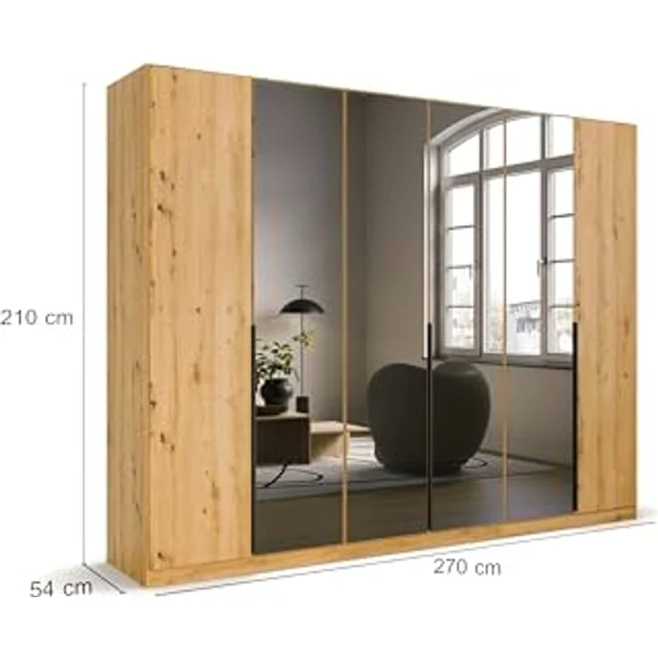 Rauch Möbel Skyla, Kleiderschrank für Schlafzimmer, Kinderzimmer, Jugendzimmer, Garderobe, Flur, 6-türig mit Grauspiegel, Griffstangen Grau metallic, Farbe Eiche Artisan, Holz, Maße 271 x 210 x 54 cm – Bild 2
