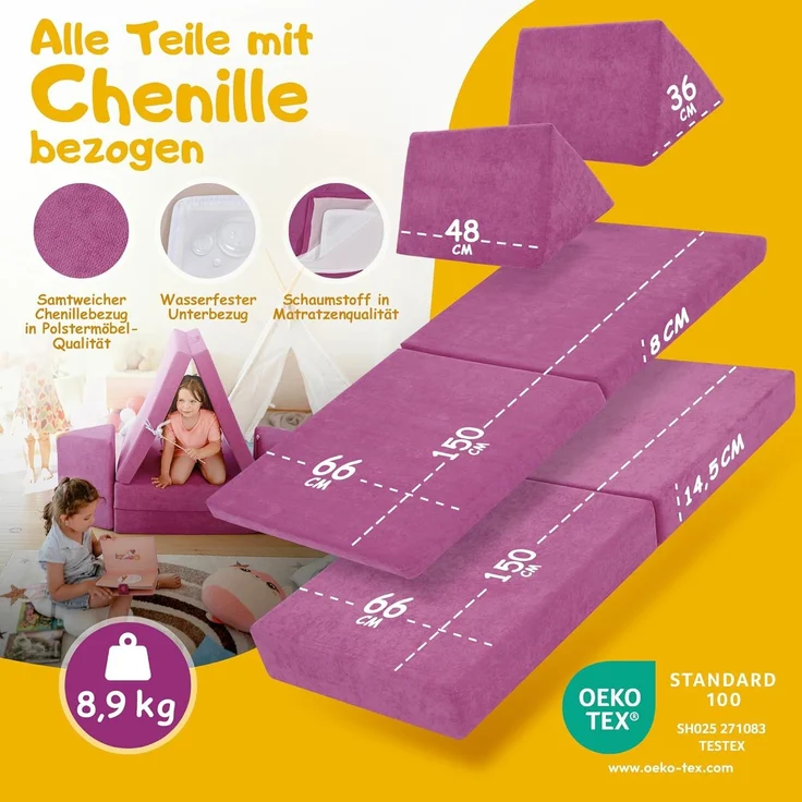 Linodino Kindersofa Spielsofa I aus Schaumstoff Bausteine I Spielcouch für Kinder, Wasserfeste Unterbezüge, Waschbare Chenille Bezüge 30° – Bild 5