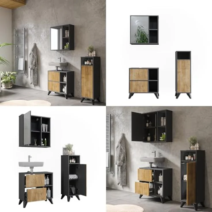 Vichy Badmöbel-Set Leano, 3-teilig, mit Waschbeckenunterschrank und Spiegelschrank, Anthrazit/Bergeiche – Bild 8