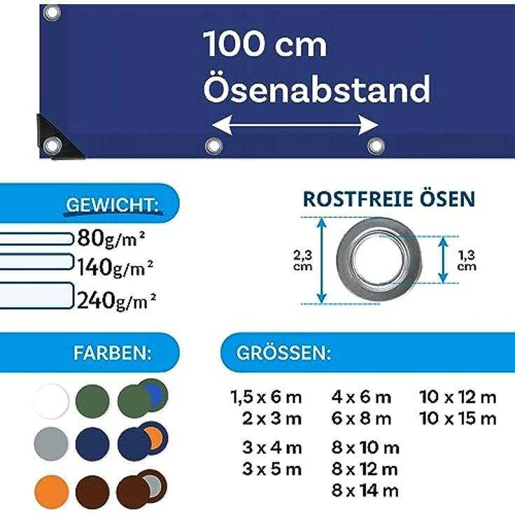 Floordirekt Abdeckplane | Gewebeplane | Schutzplane | Bootsplane | Zeltunterlage für Camping & Outdoor Garten wasserdichte Planemit Ösen Viele Größen & Farben 3x5 m, 15m² 240 g/m², Blau – Bild 4
