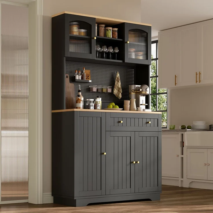 Vitrinenschrank mit Tür, Küchenschrank, Hochschrank, verstellbaren Einlegeböden, Lochblech,Schwarz , 103.5× 40 × 180 cm--Schwarz--103.5x40x180cm--YOUDENOVA – Bild 5