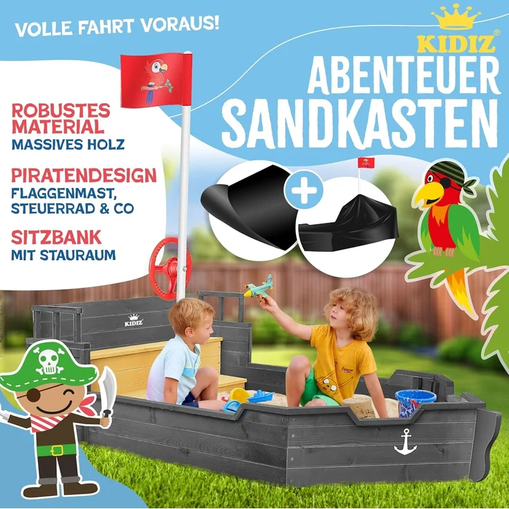 KIDIZ® Sandkasten Ahoi - Piratenschiff, Holz Anthrazit, 195 x 94 x 136 cm – Bild 2