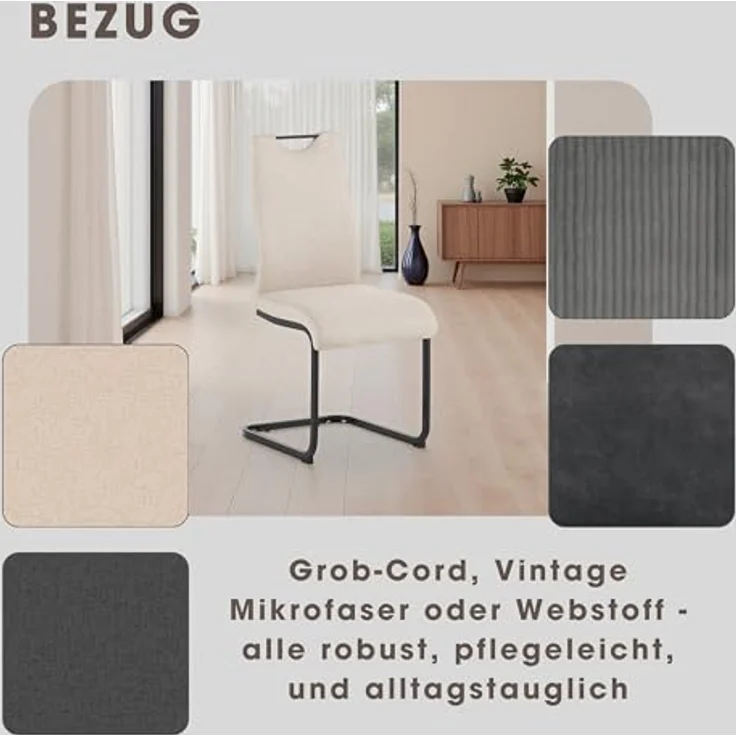 byLIVING Freischwinger 2er Set Capri, Webstoff Taupe, Metall schwarz, mit Griff und bequemer Polsterung, Schwingstühle, Polsterstühle, Maße: B 44, H 88, T 55 cm – Bild 4