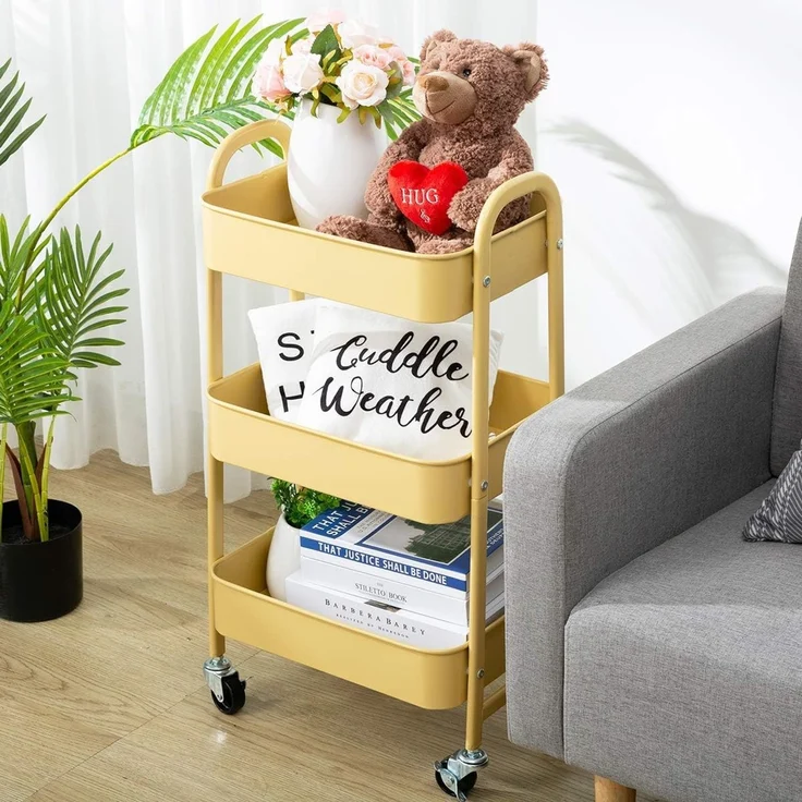 DOEWORKS Servierwagen mit Rollen Rollwagen Metall 3 Etagen Küchenwagen Bastelwagen Rollwagen Küche Aufbewahrungswagen für Wohnzimmer Schlafzimmer Badezimmer Büro, Khaki Gelb – Bild 8